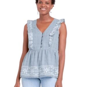 KNOX ROSE Women’s Sleeveless Ruffled Embroidered Blouse, “Light Blue”, Size S